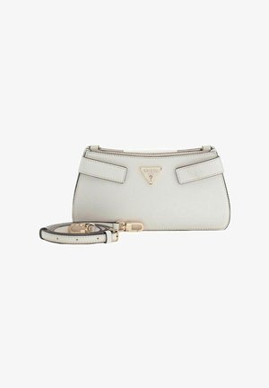 Weiße synthetische Handtasche mit strukturiertem Design, goldfarbenen Beschlägen, Logoemblem und abnehmbarem Riemen. Verfügt über zwei obere Griffe und einen Reißverschluss.