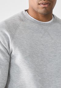 Gray cotton sweatshirt with a round neckline, raglan sleeves, and a smooth texture. Features subtle stitching details on the shoulder.