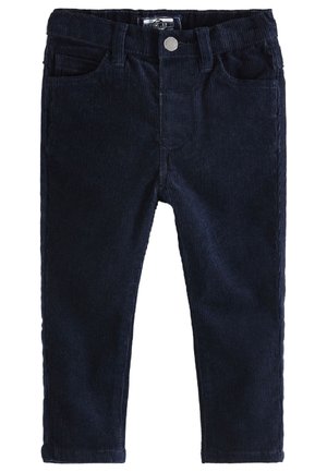 Donkerblauwe ribfluwelen broek voor peuters met voor- en achterzakken, metalen knoop en riemlussen.