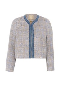 Tweed jacket in light beige and blue with a textured pattern, round neckline, front closure, and blue trim with decorative accents.