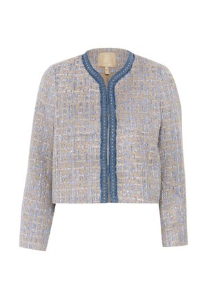 Veste en tweed légère beige et bleue avec un motif texturé, col rond, fermeture frontale et bord bleu avec des accents décoratifs.