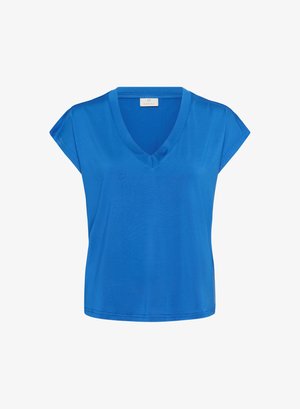 Modra majica s V-izrezom in kratkimi rokavi, narejena iz gladke, lahke tkanine. Preprost dizajn z udobnim krojem brez vzorcev ali okrasitev.