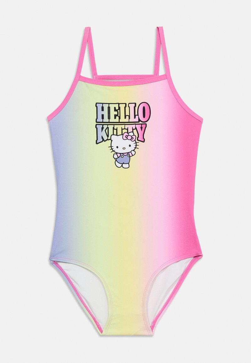 Ολόσωμο μαγιό για κορίτσια με ροζ τιράντες, παστέλ χρώματα σε διαβάθμιση και σχέδιο Hello Kitty με κείμενο στο κέντρο μπροστά.