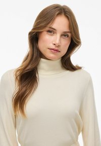 Pull en col roulé couleur crème avec une texture douce et des manches longues, présentant une coupe ajustée et des détails de coutures subtils.