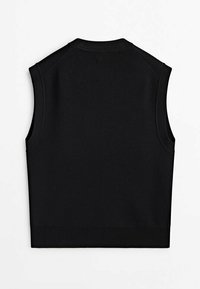 Musta hihaton paita, jossa on ribattu kaula-aukko ja helma, sileä pinta ja vartalonmyötäinen siluetti, suunniteltu ilman ylimääräisiä koristeita.