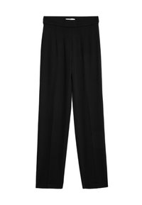 Schwarze Hose mit weitem Schnitt, geplis-sem Vorderteil und glat-tem Material. Elastischer Bund für Komfort. Keine sichtbaren Beschläge.