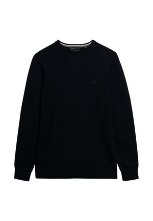 Sudadera negra de algodón orgánico con mangas largas, cuello redondo y un pequeño logo en el pecho. Textura suave con puños y dobladillo acanalados.