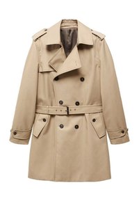 Beige trenchcoat met dubbele knopen, reverskraag, schouderepauletten, ceintuurband en zijzakken. Gladde stoftextuur.