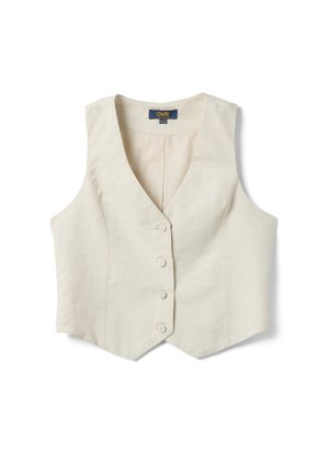 Gilet sans manches couleur crème avec col en V, fermeture à boutons devant avec quatre boutons, et coutures cintrées, posé à plat.