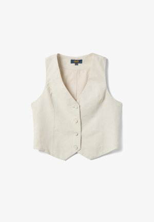 Gilet sans manches couleur crème avec col en V, fermeture à boutons devant avec quatre boutons, et coutures cintrées, posé à plat.