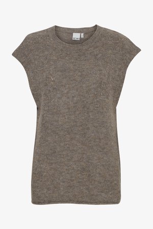 Hnedý rebrovaný pletený top bez rukávov s okrúhlym výstrihom, so subtílnou textúrou a rovnou spodnou časťou. Cenovka značky sa nachádza na výstrihu.