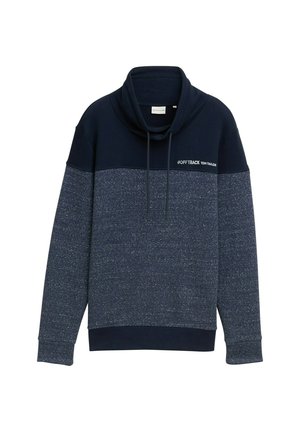 Granatowy sweatshirt z wysokim kołnierzem, prążkowaną teksturą i wzorem w fleki. Zawiera sznurek do regulacji oraz branding #OFFTRACK TOM TAILOR.