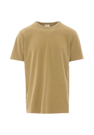 T-shirt beige semplice in cotone a maniche corte con scollo rotondo, mostrata su sfondo bianco.