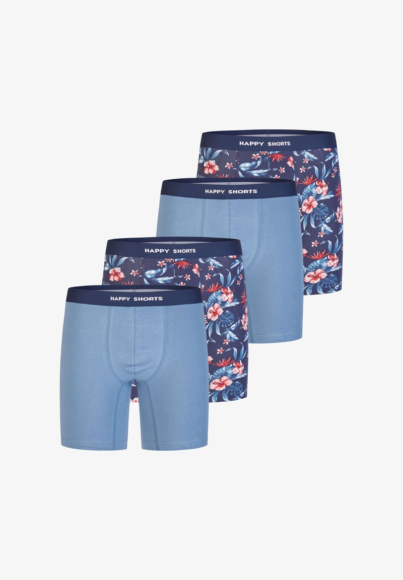 Vier Paare Herren-Boxershorts: zwei einfarbig hellblau, zwei mit Dunkelblau und floralen Akzenten gemustert. Elastischer Bund mit dem Text "HAPPY SHORTS".