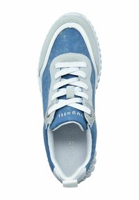 Blue fabric sneaker with white accents, round toe, textured surfaces, and laces. Features a glittery grey overlay and a cushioned sole.