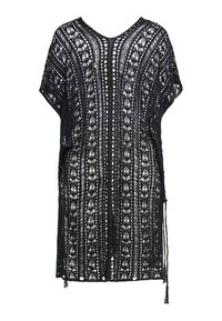 Cover-up din croșetat negru, cu un design din plasă deschisă, cu modele florale, decolteu în V și ciucuri laterali la margine.