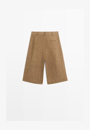 Hnědé široké šortky délky po kolena s poutky na opasek a jedním zadním klopu, zobrazené na bílém pozadí.