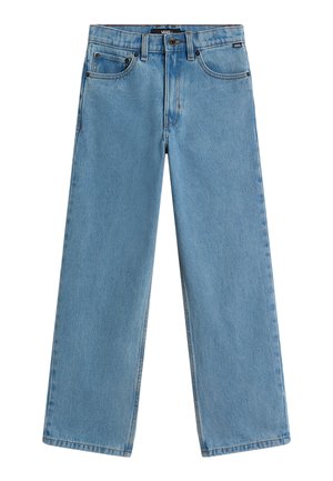 Lichtblauwe denim jeans met wijd uitlopende pijpen, voorzakken, riemlussen en een knoopsluiting.