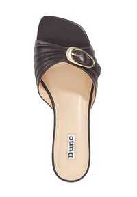 Dark brown leather slide sandal featuring a ruched design with a gold buckle accent on the upper. Beige insole with brand logo. Square toe.