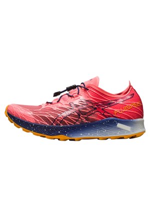 Lightweight running shoe in bright pink with blue accents and a textured mesh upper. Features a black logo and a distinctive speckled sole.