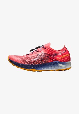 Lightweight running shoe in bright pink with blue accents and a textured mesh upper. Features a black logo and a distinctive speckled sole.