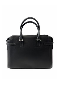 Borsa strutturata nera con manici rotondi doppi, realizzata in pelle granulata. Caratterizzata da hardware in tonalità argento e un design piatto e minimalista.
