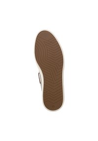 Suela de zapato de goma marrón con un patrón de olas y un borde blanco. Número 42 impreso en la suela. Textura suave, diseñada para el agarre.