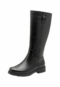 Fekete bőr térdmagasságú csizma sima felülettel, kerek orral, minimális varrással, oldalsó csat díszítéssel és alacsony blokk sarokkal.