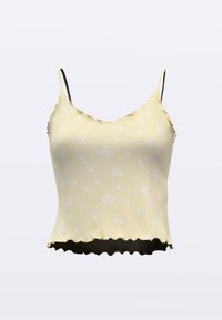 Dzeltens ribots tops ar baltām ziedu rakstiem, viļņainām malām un plānām siksniņām. Mīksta tekstūra; ikdienišķs dizains, piemērots siltam laikam.