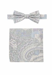 Grau gepunktete Fliege und Taschentuch-Set mit komplizierten Mustern in lila und blauen Schattierungen, aus strukturiertem Stoff.