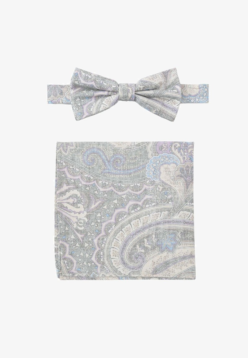 Grau gepunktete Fliege und Taschentuch-Set mit komplizierten Mustern in lila und blauen Schattierungen, aus strukturiertem Stoff.