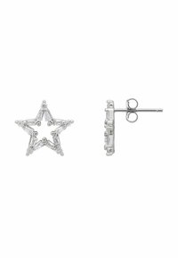 Silver star-shaped earrings featuring clear rhinestones and a post-back closure. The design includes a mix of different crystal cuts.