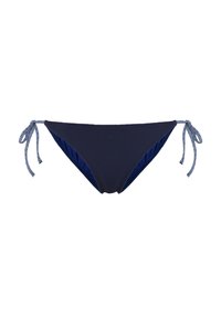Bas de bikini bleu marine avec un extérieur texturé, tissu réversible et liens latéraux ajustables ornés d'un motif.