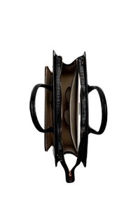 Schwarze Krokoleder-Tasche mit zwei Griffen, Innenfächern, Hardware in Goldfarbe und einem beigen Stofffutter.