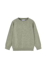 Maglione verde chiaro realizzato in tessuto a maglia strutturata, con scollo rotondo, maniche lunghe e un piccolo logo ricamato sul petto.