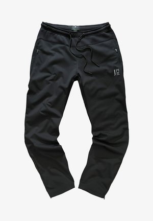 Sorte træningsbukser med en glat tekstur, elastisk talje, justerbar snøre og sidelommer med lynlås. Med et logo på fronten.