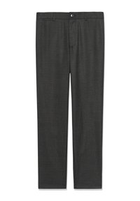 Sive pletene hlače z diskretno karirasto vzorcem, z gumbom za zapiranje in ravnimi hlačnicami. Gladka tekstura z zankami za pas.