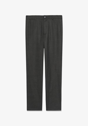 Hallid kangast püksid, millel on peen kontrollmustrit, nööpidega sulgemine ja sirged lõiked. Sile tekstuur koos vöökohtadega.