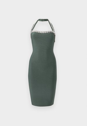 Fitted dark green halter dress with knee-length hem, decorated with a row of round silver beads along the neckline and straps.