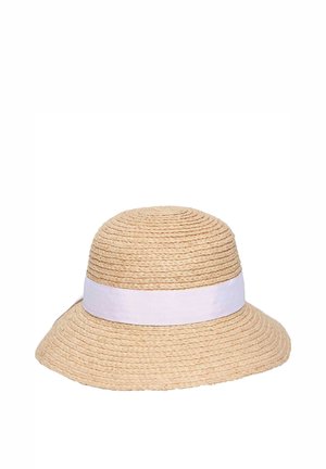 Beige woven straw sun hat with a wide brim and a white fabric band around the crown.