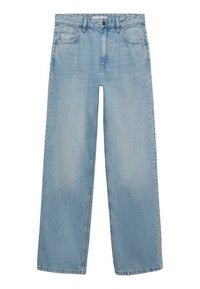 Jeans de mezclilla de tiro alto color azul claro, con un diseño de pierna recta, cinco bolsillos y cierre de botón en la parte delantera. Sin patrones ni adornos visibles.
