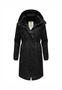 Parka negra con capucha forrada de piel sintética texturizada, cierre de cremallera y botones, y bolsillos laterales. El interior presenta un forro floral.