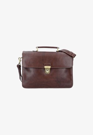 Dark brown leather briefcase with top handle, adjustable shoulder strap, and central gold-tone locking clasp on a white background.
