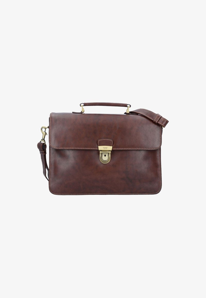 Dark brown leather briefcase with top handle, adjustable shoulder strap, and central gold-tone locking clasp on a white background.