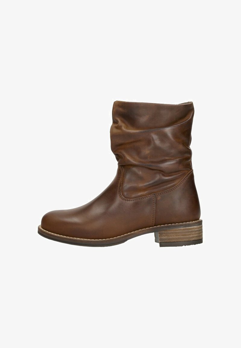 Brown leather ankle boot with slouchy upper, rounded toe, and stacked heel. Features a smooth texture and subtle stitching detail.