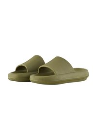 Tongs en caoutchouc vert avec un dessus texturé, design ouvert à l'avant et large bride. Présentent une semelle épaisse et striée pour une bonne adhérence.