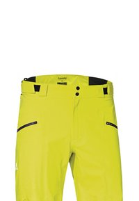 Gelbe wasserdichte Hose mit schwarzen Akzenten, ausgestattet mit zwei seitlichen Taschen mit Reißverschlüssen, einem knopfgebundenen Bund und einer glatten, glänzenden Textur.