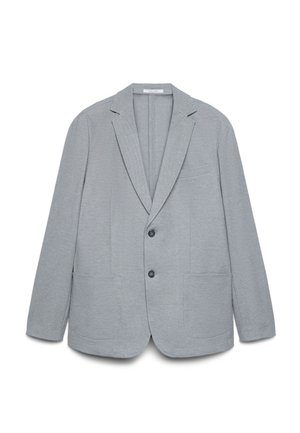 Blazer gris clair à deux boutons avec revers crantés, deux poches plaquées et une poche poitrine, posé à plat sur fond blanc.