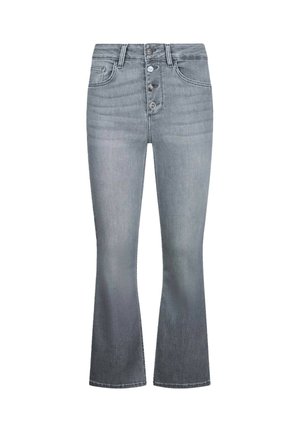 Jeans grigi in denim a vita alta con chiusura a bottoni, tasche frontali e leggero svasato sul fondo.