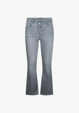 Jeans grigi in denim a vita alta con chiusura a bottoni, tasche frontali e leggero svasato sul fondo.